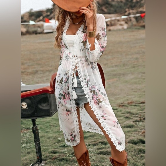 ❤️ SHEIN Swim Floral Print Contrast Lace Split Hem Kimono, Summer Beach large - Picture 11 of 11